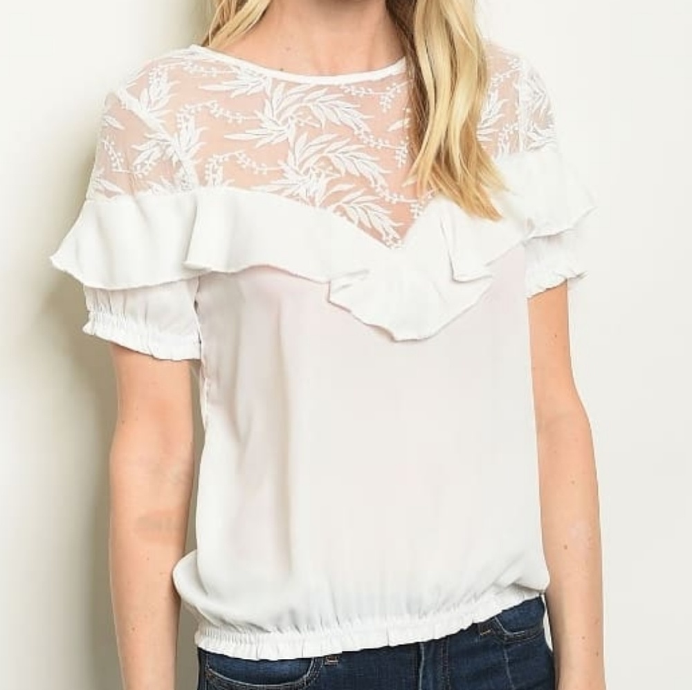 White Lace Short Sleeve Ruffle Blouse